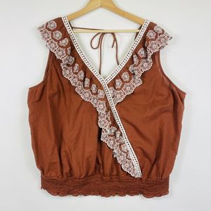 Broadway 38 Brown White Embroidered Lace Boho Sleeveless Shirt‎ Top Womens 3X